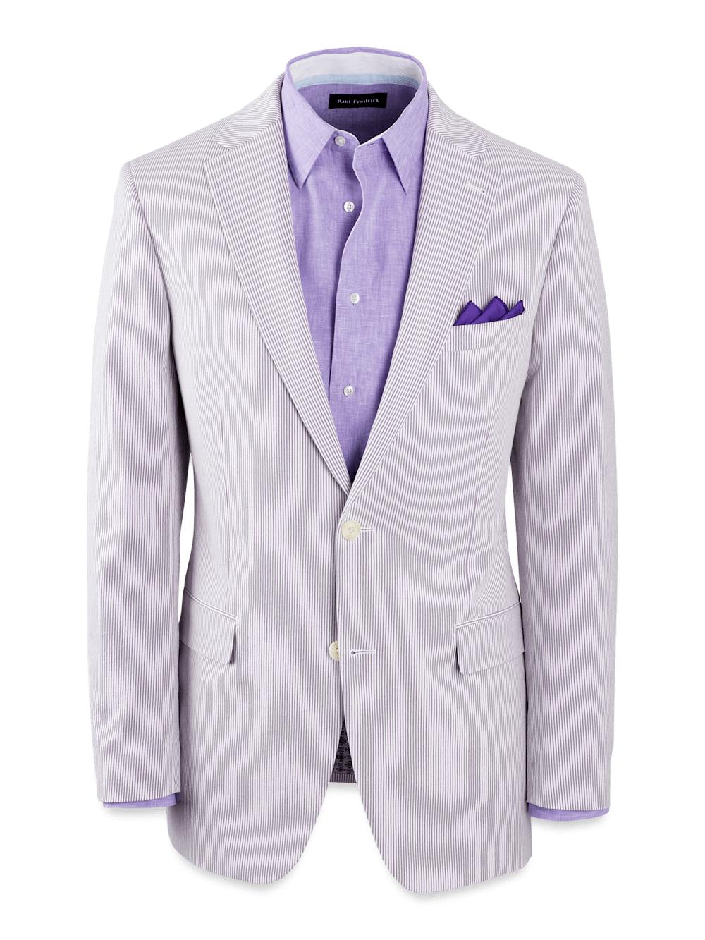 Cotton Stretch Stripe Seersucker Single Breasted Notch Lapel Suit Jacket - Purple/white Product Image