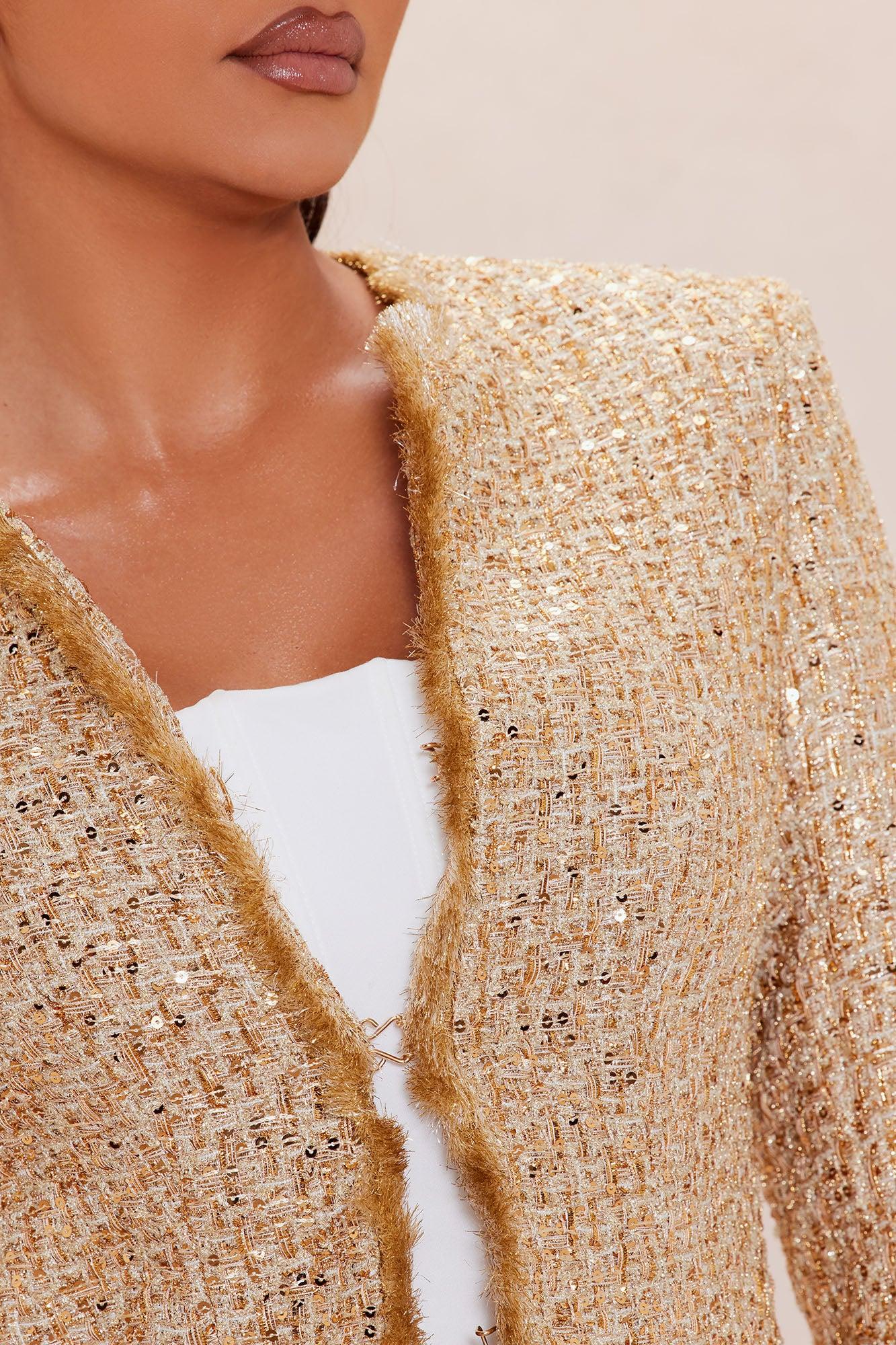 Angelica Fringe Tweed Jacket - Gold Female Product Image