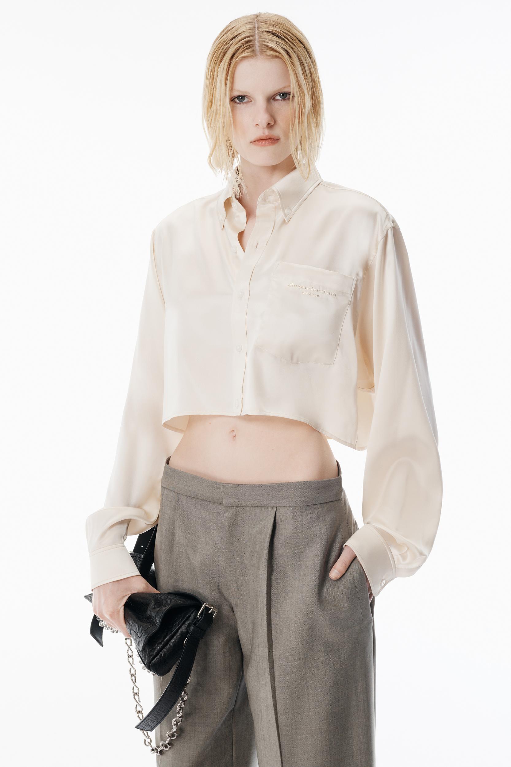 Ivory Silk Charmeuse Cropped Shirt Product Image