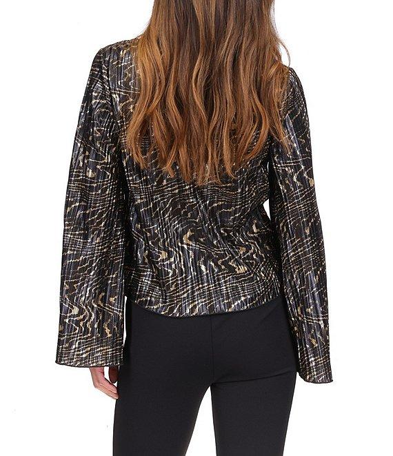 Michael Kors Pleated Foil Crew Neck Long Bell Sleeve Top Product Image