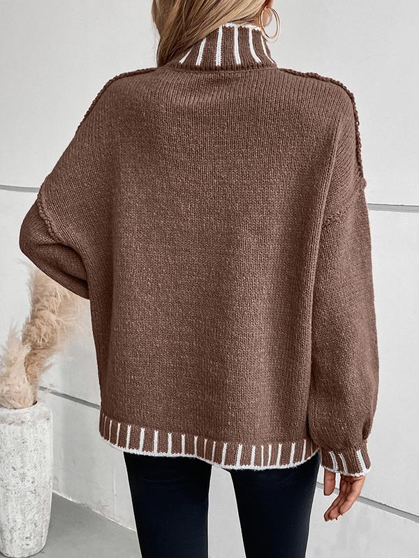 Long Sleeves Loose Contrast Color Split-Joint High Neck Pullovers Sweater Tops Product Image