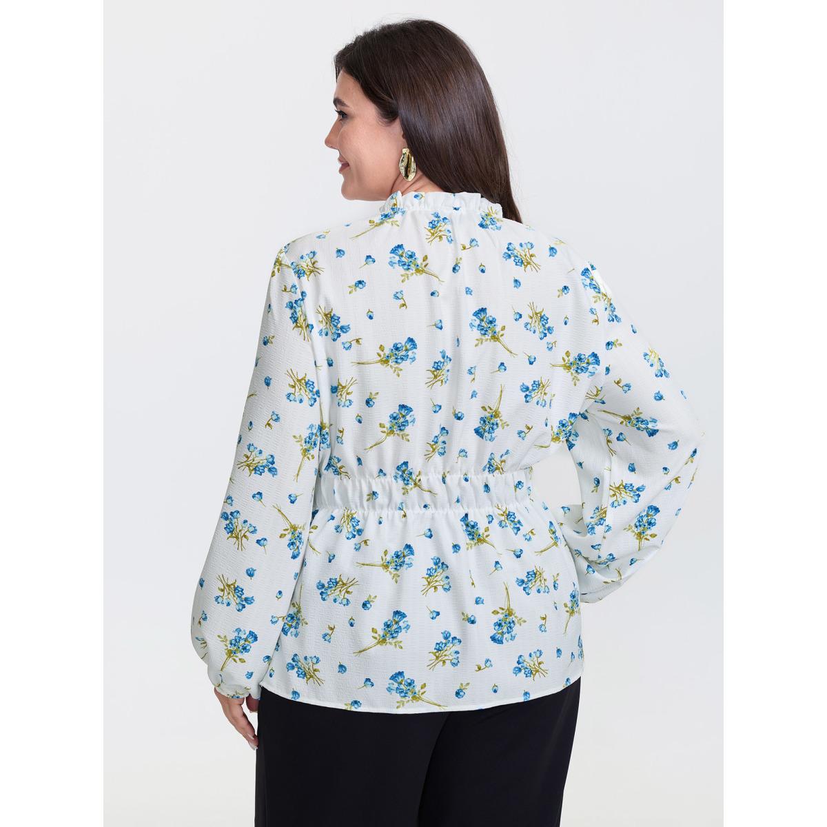 Plus Size Ivory Floral Print Waist Defining Neck Tie Blouse Women Timeless Long Sleeve Flat collar with V-notch Elegant Blouses BloomChic 28/5X Product Image