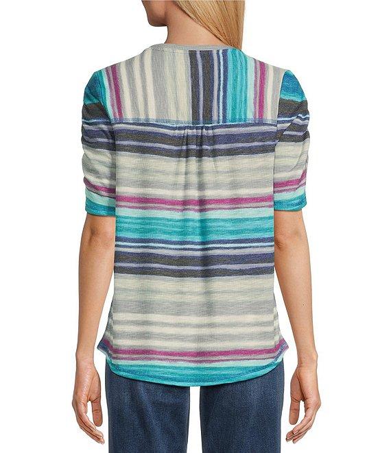 Westbound Aquatic Stripe Ruched Short Sleeve V-Neck Top Product Image