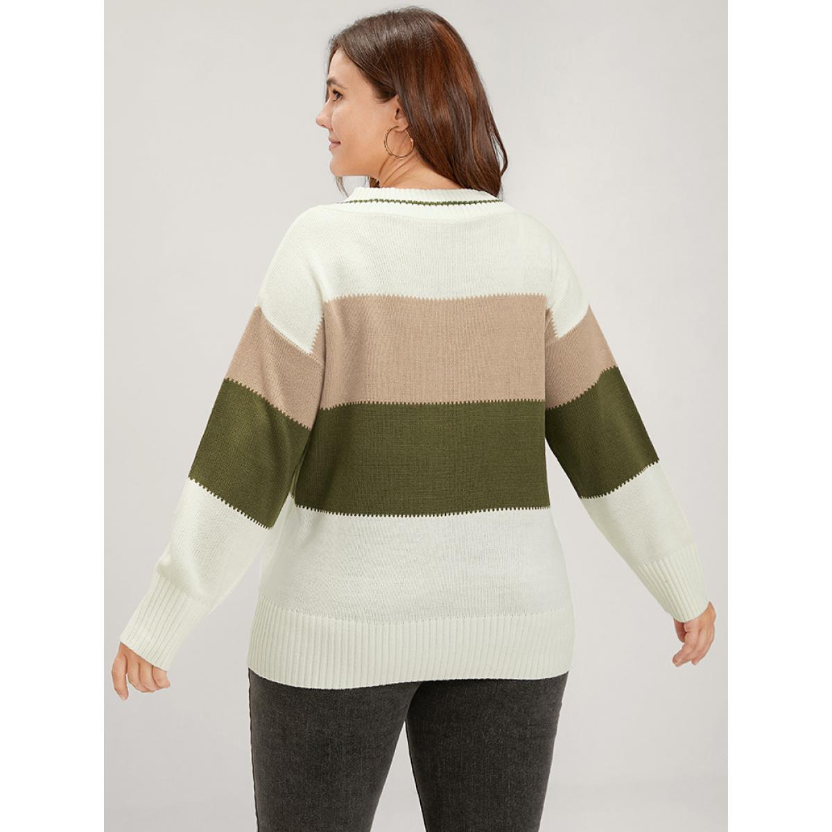 Plus Size Colorblock Contrast Pointelle Knit V Neck Knit Top Multicolor Women Casual Long Sleeve V-neck Dailywear Pullovers BloomChic 30/6X Product Image
