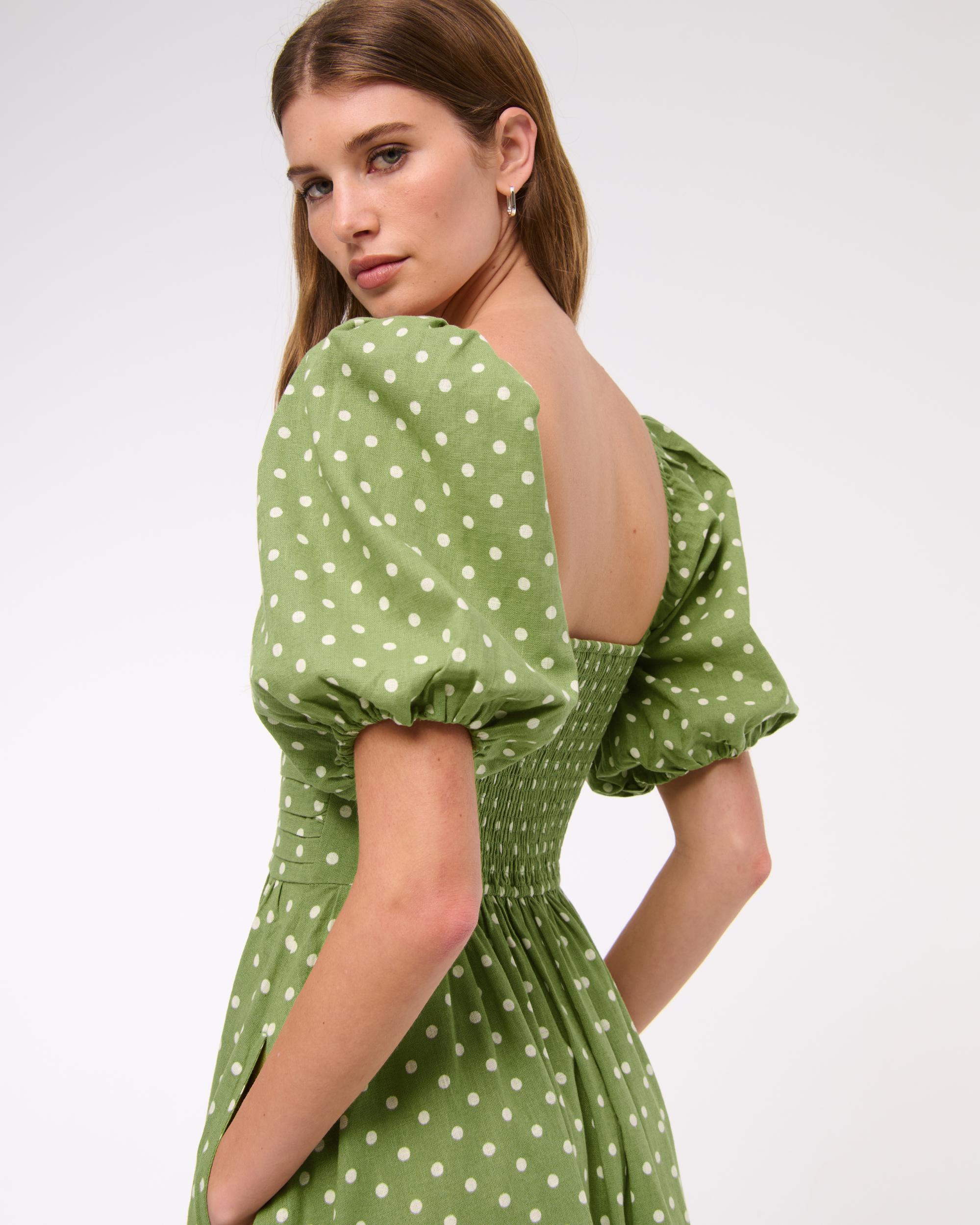 The A&F Emerson Linen-Blend Puff Sleeve Midi Dress Product Image
