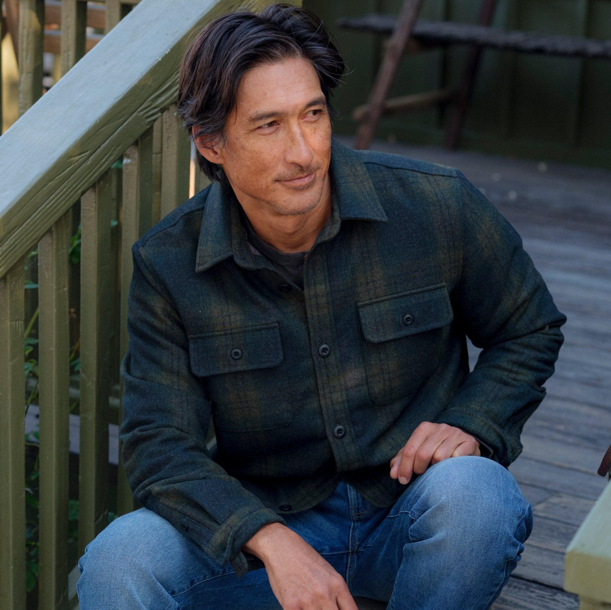 Retro Wool Padded Shirt Jacket - Olive Plaid Product Image