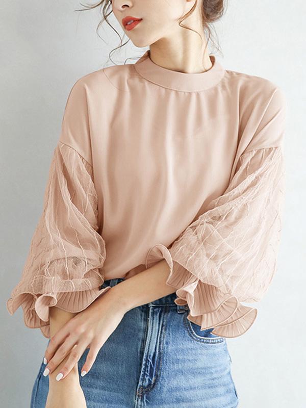 Simple Solid Color Puff Sleeve Mesh Splicing Chiffon Shirt Product Image