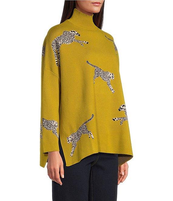 Ali Miles Petite Size Cheetah Jacquard Print Mock Neck Long Sleeve Popover Sweater Product Image