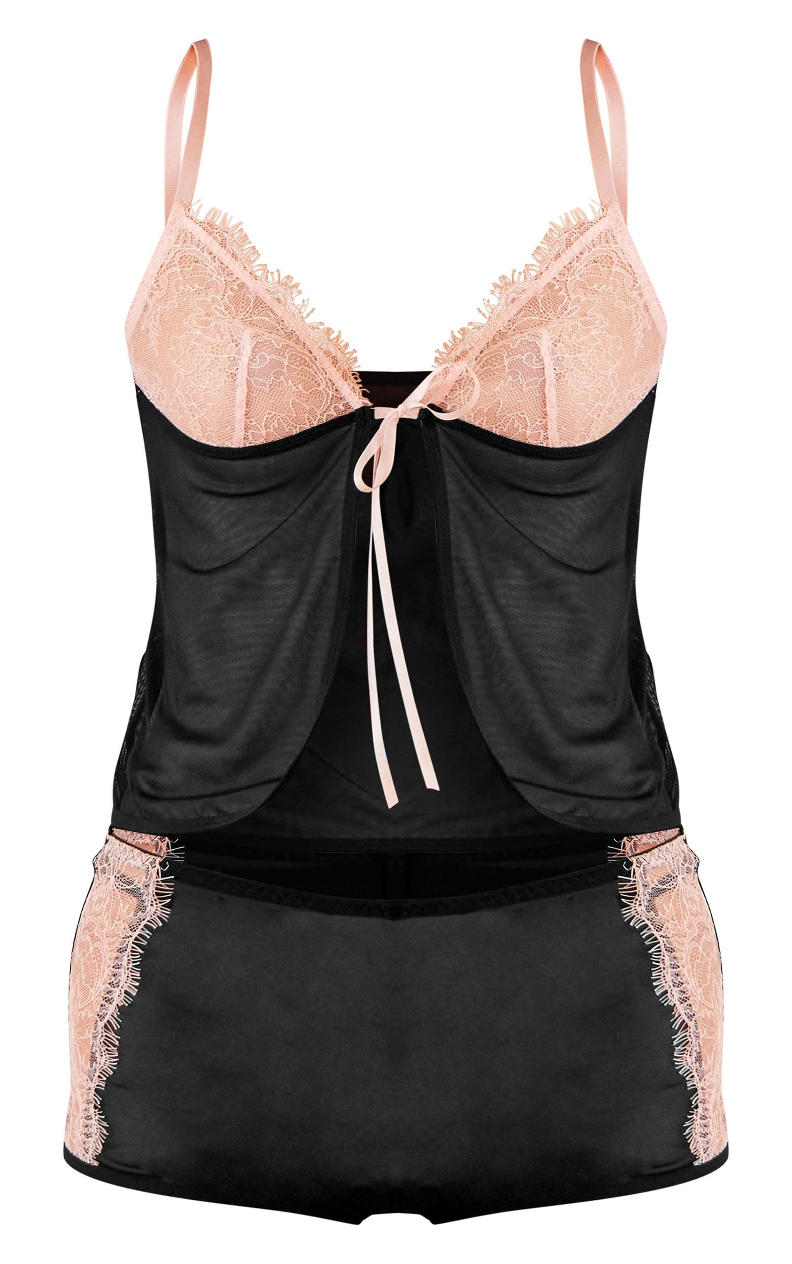Black Lace Cup Frill Tie Front Cami and Short Pj Set Product Image