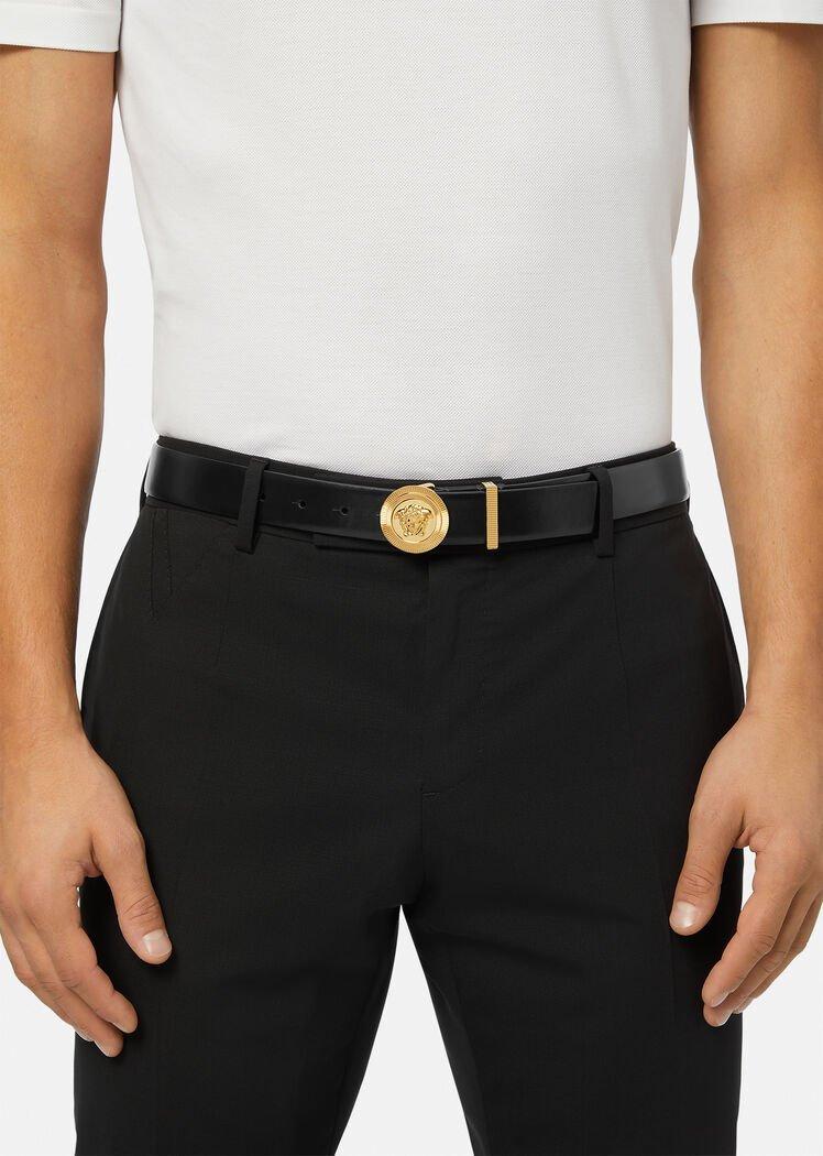 VERSACE Medusa Streamlined Leather Belt With Adjustable Length And Gold-tone Buckle In Black Product Image