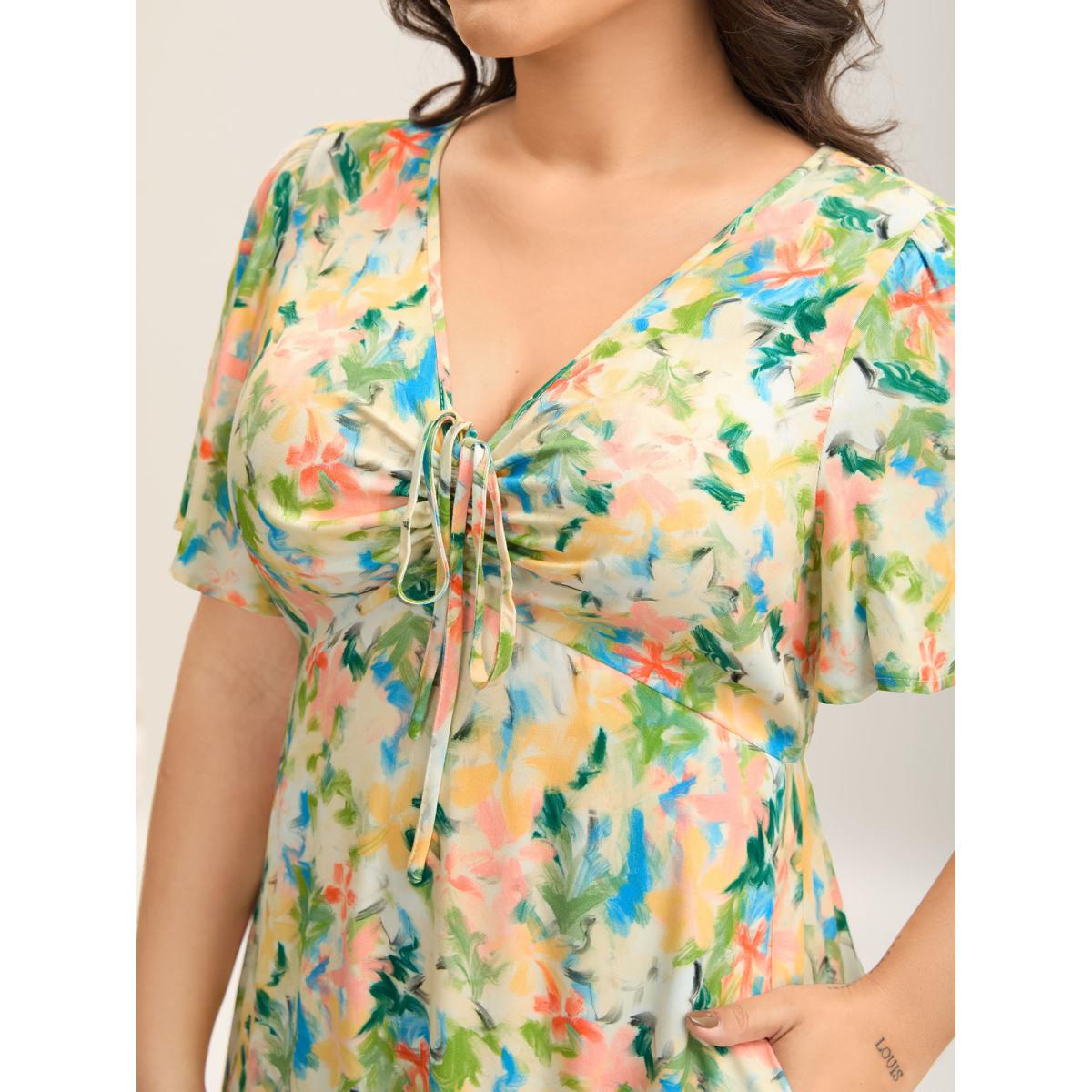 Plus Size Floral Print Cinched Bust Tiered Maxi Dress Multicolor Women V-neck Short sleeve Curvy BloomChic 12/L Product Image