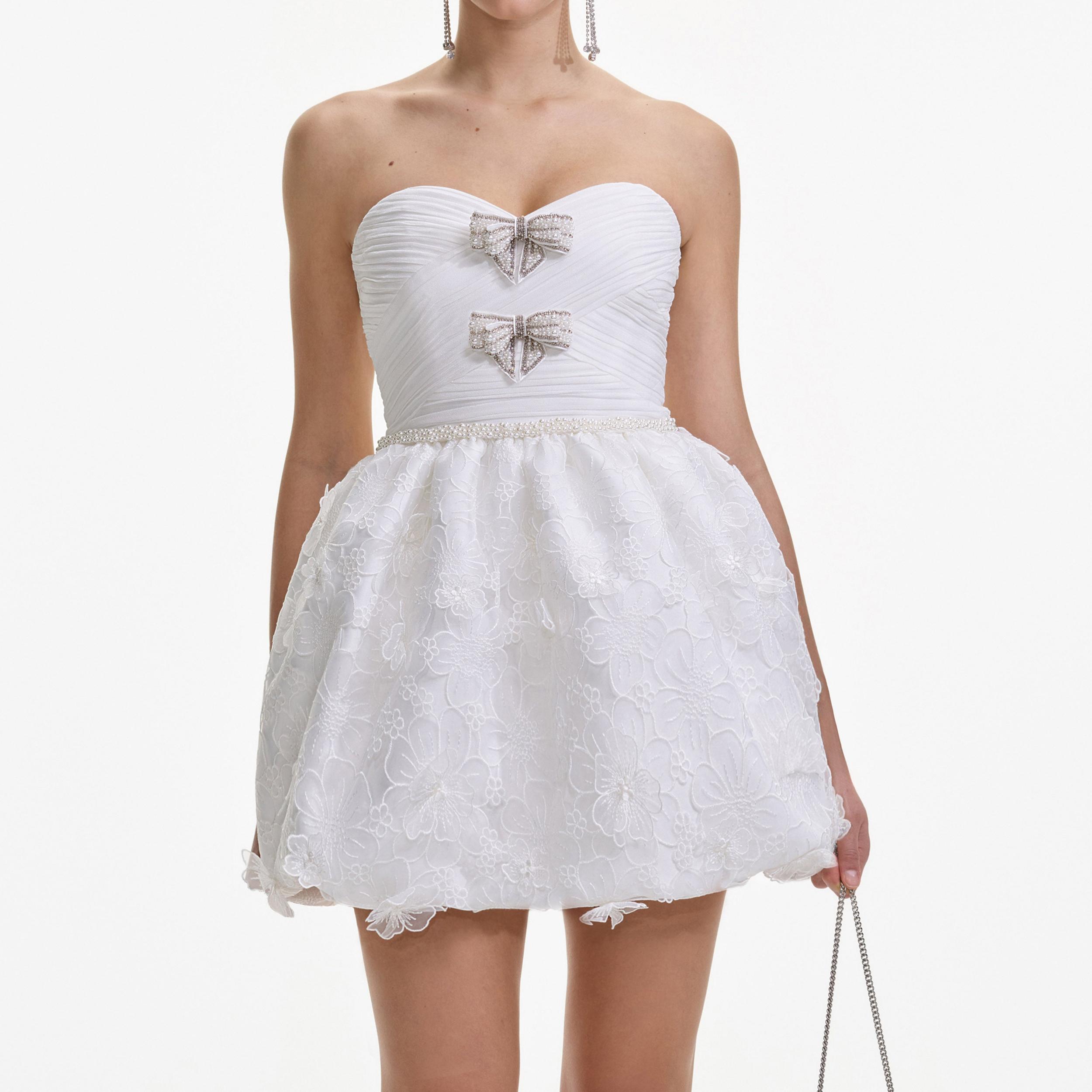 White Organza Bow Mini Dress Product Image