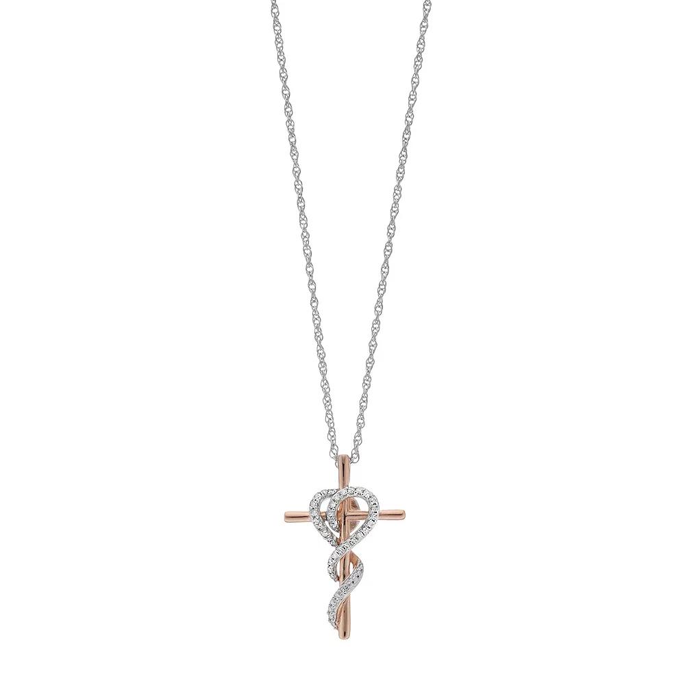 14k Rose Gold Over Silver Two Tone 1/10 Carat T.W. Diamond Cross Pendant, Women's, Size: 18" Product Image