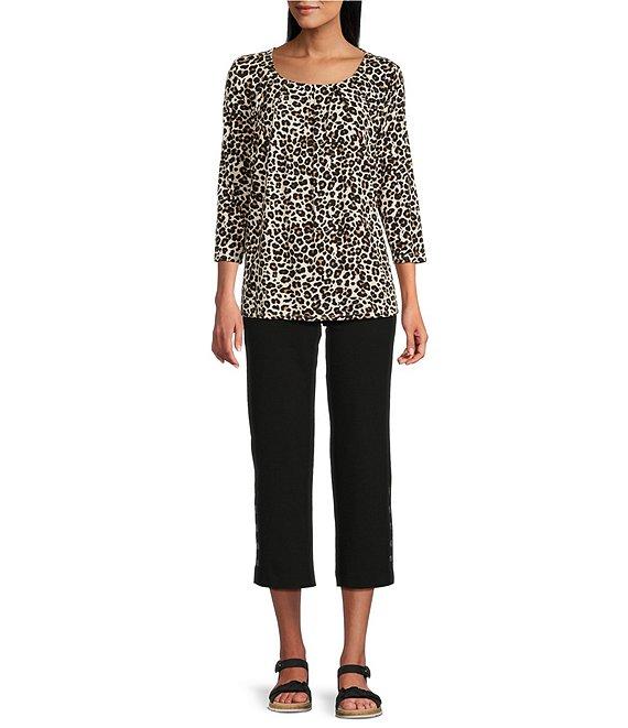 Intro Knit Jersey Animal Print 3/4 Sleeve Pleated Neck Tee Product Image