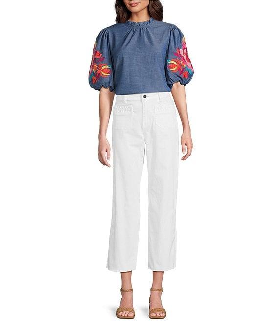 Calessa Petite Size Embroidered Elbow Sleeve Ruffle Mock Neck Tunic Product Image