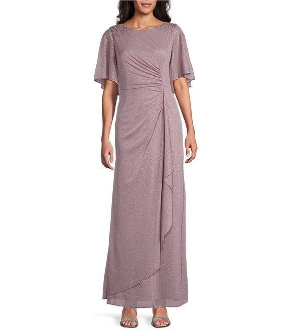 Ignite Evenings Short Flutter Sleeve Scoop Neck Glitter Mesh Dress Product Image