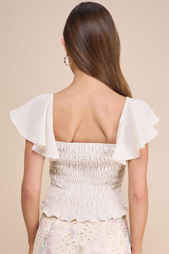 Sweetest Impact Beige Linen Flutter Sleeve Smocked Top Product Image