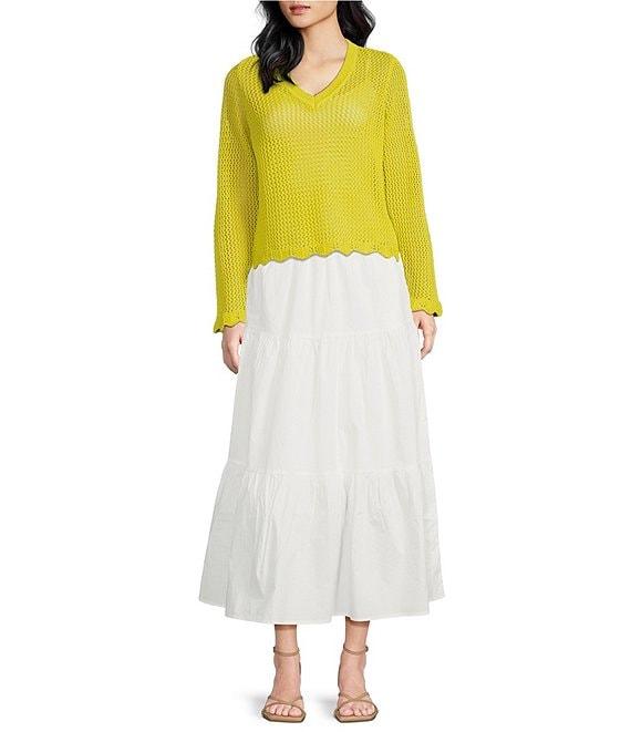 Skies Are Blue Poplin High Waist Tier Midi Skirt Product Image