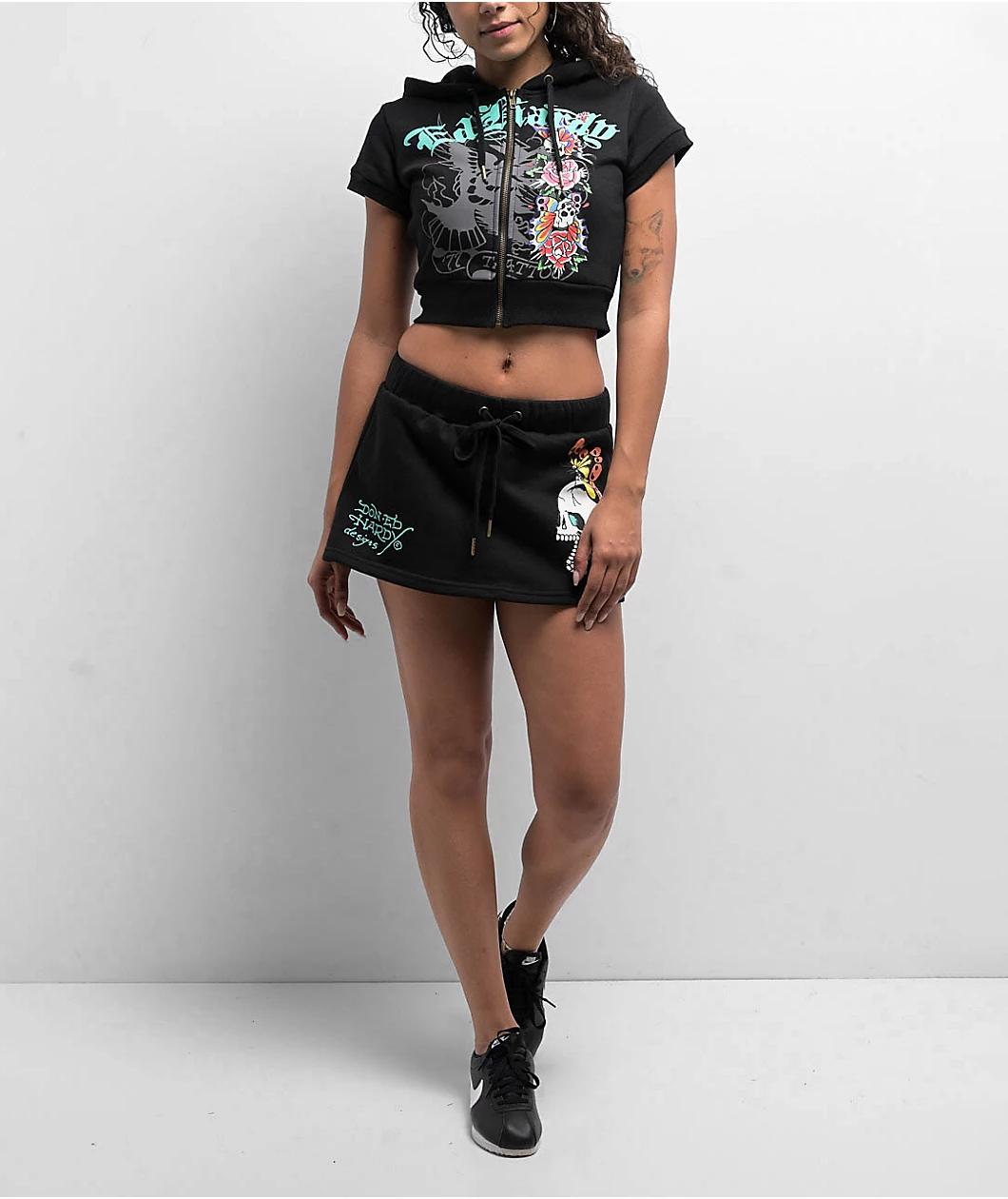 Ed Hardy Skull Black Short Sleeve Crop Zip Hoodie Product Image