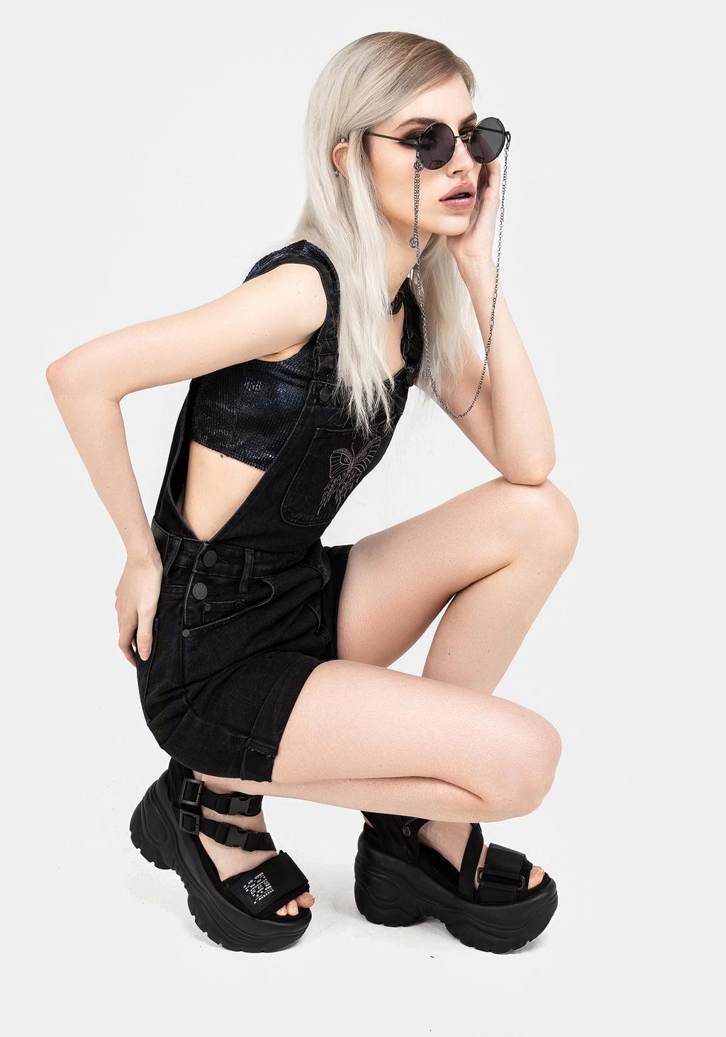 Papillion Embroidered Denim Dungaree Shorts Product Image