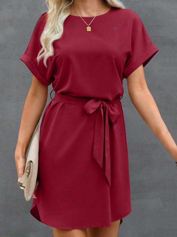 Loose Short Sleeves Solid Color Tied Waist Round-Neck Mini Dresses Product Image