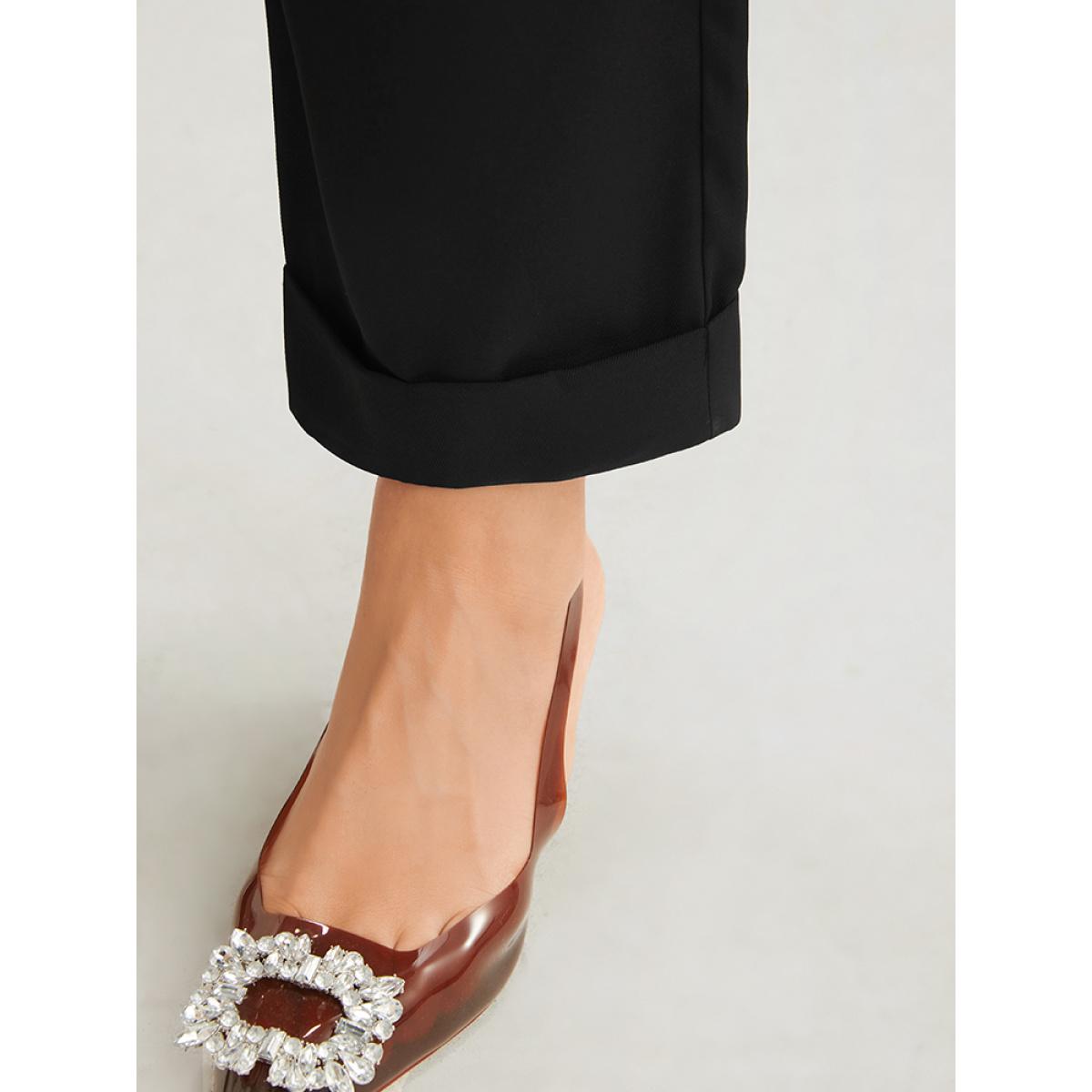 Plus Size Plain Elastic Waist Belted Pocket Mid Rise Pants Women Black Office Mid Rise Dailywear Pants BloomChic 14-16/1X Product Image