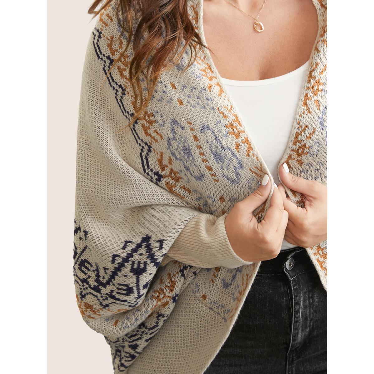 Plus Size Boho Print Dolman Sleeve Jacquard Cardigan Beige Women Casual Loose Long Sleeve Everyday Cardigans BloomChic 12/L Product Image