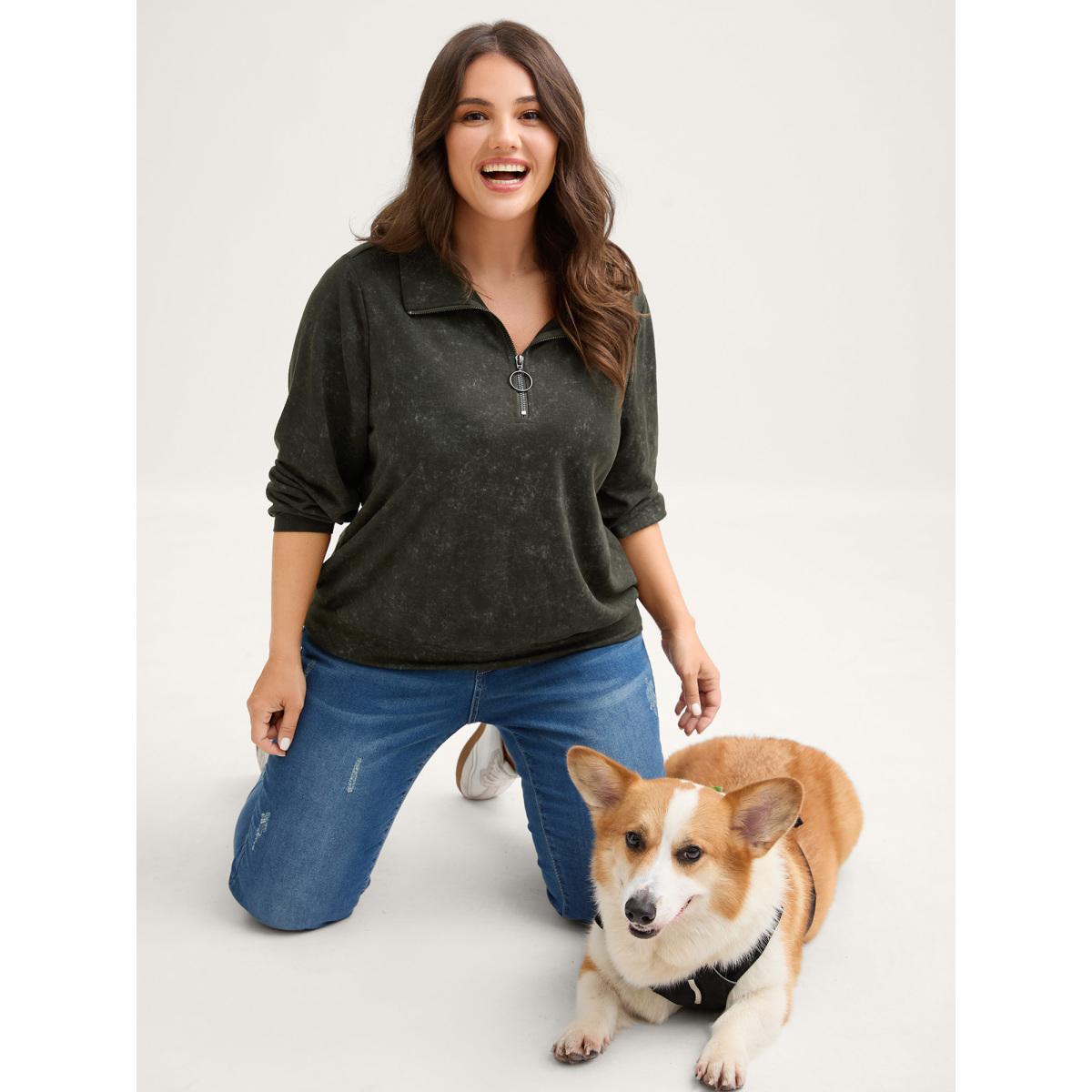 Plus Size Snow Wash Effect Half-Zipper Sweatshirt Women ArmyGreen Non Loose Stand-up collar Casual Sweatshirts BloomChic 10/M Product Image