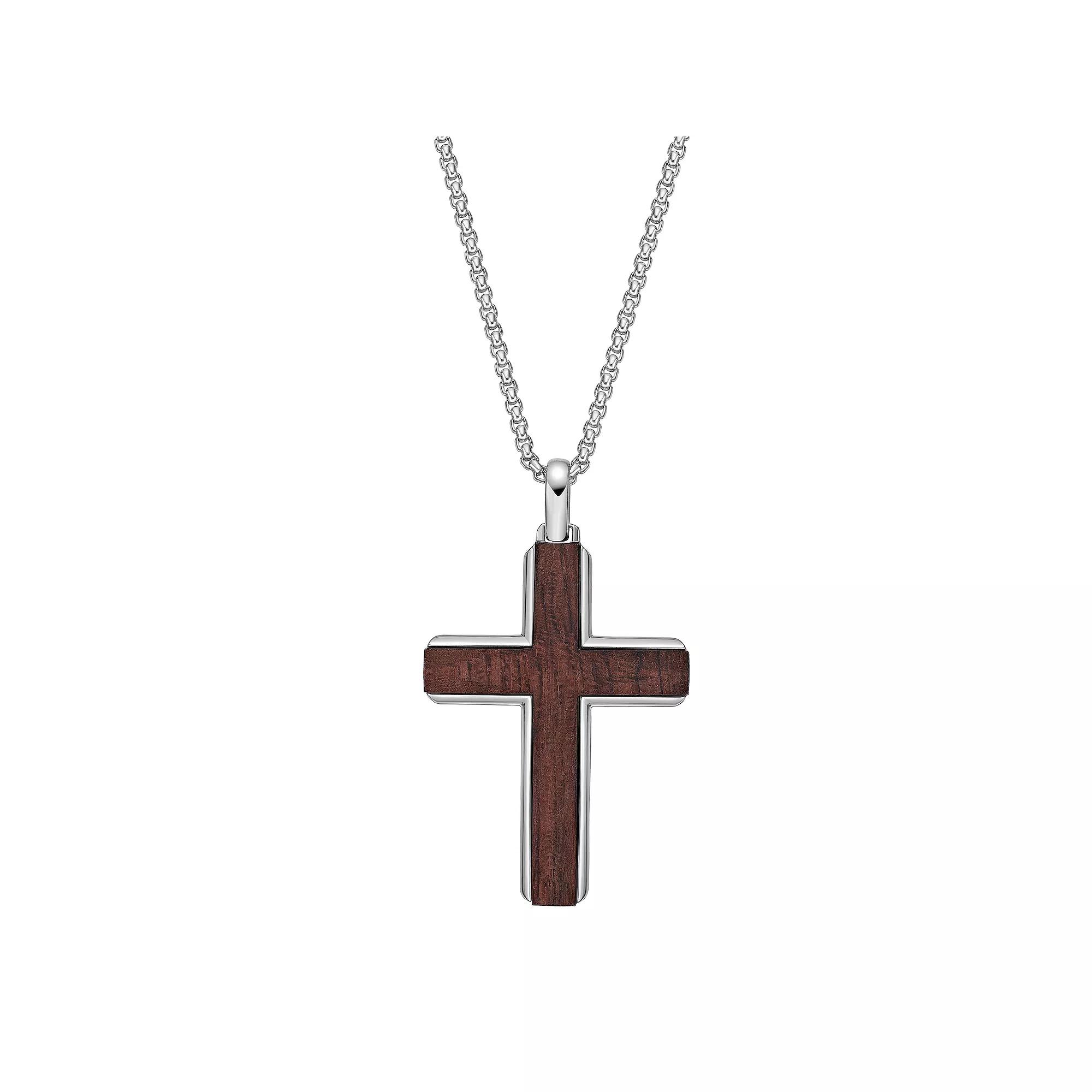 Men's LYNX Stainless Steel & Bubinga Wood Polished Cross Pendant Necklace,  Product Image