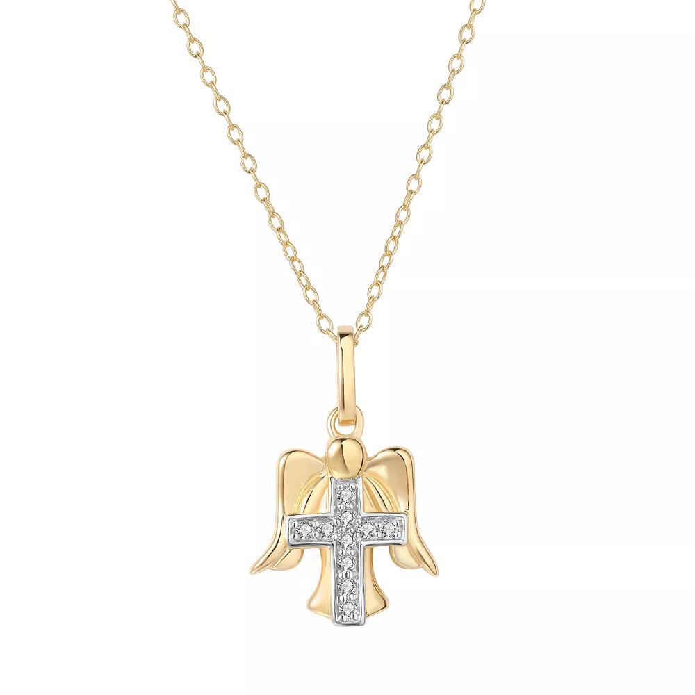 14k Gold Plated Sterling Silver 1/10 Carat T.W. Diamond Cross Angel Pendant Necklace, Women's, Size: 18", Two Tone Product Image