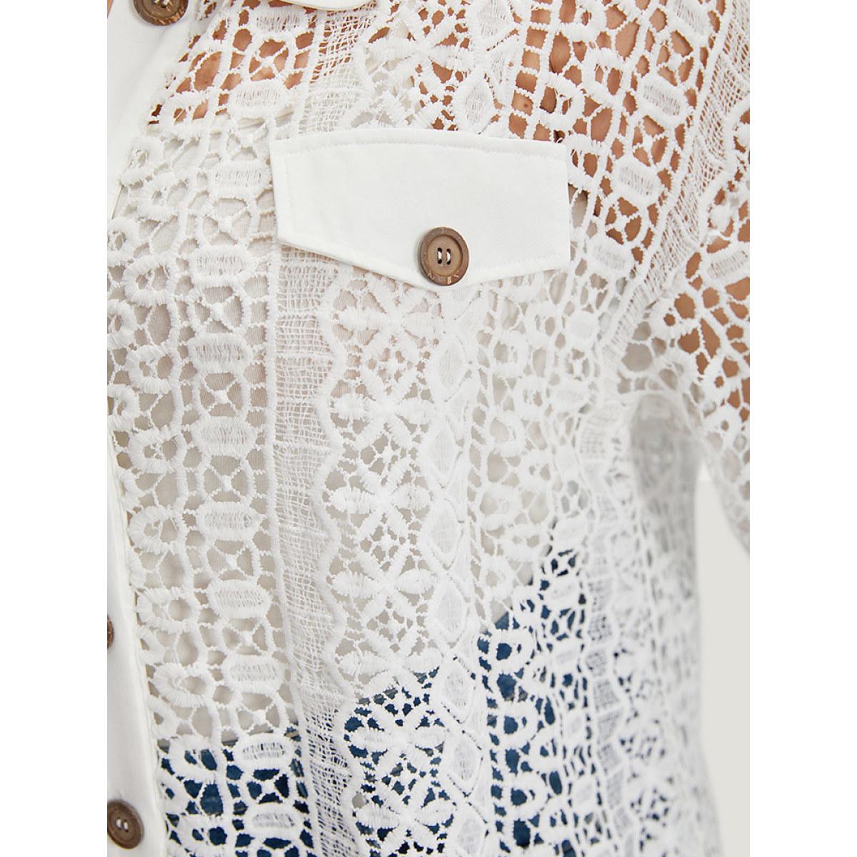 Plus Size Plain Cut Out Lace Patchwork Button Through Jacket Women White Casual Patchwork Ladies Dailywear Winter Coats BloomChic 10/M Product Image