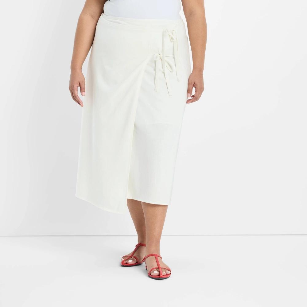 Women's Mid-Rise Linen Midi Wrap Skirt - Future Collective White XS Product Image