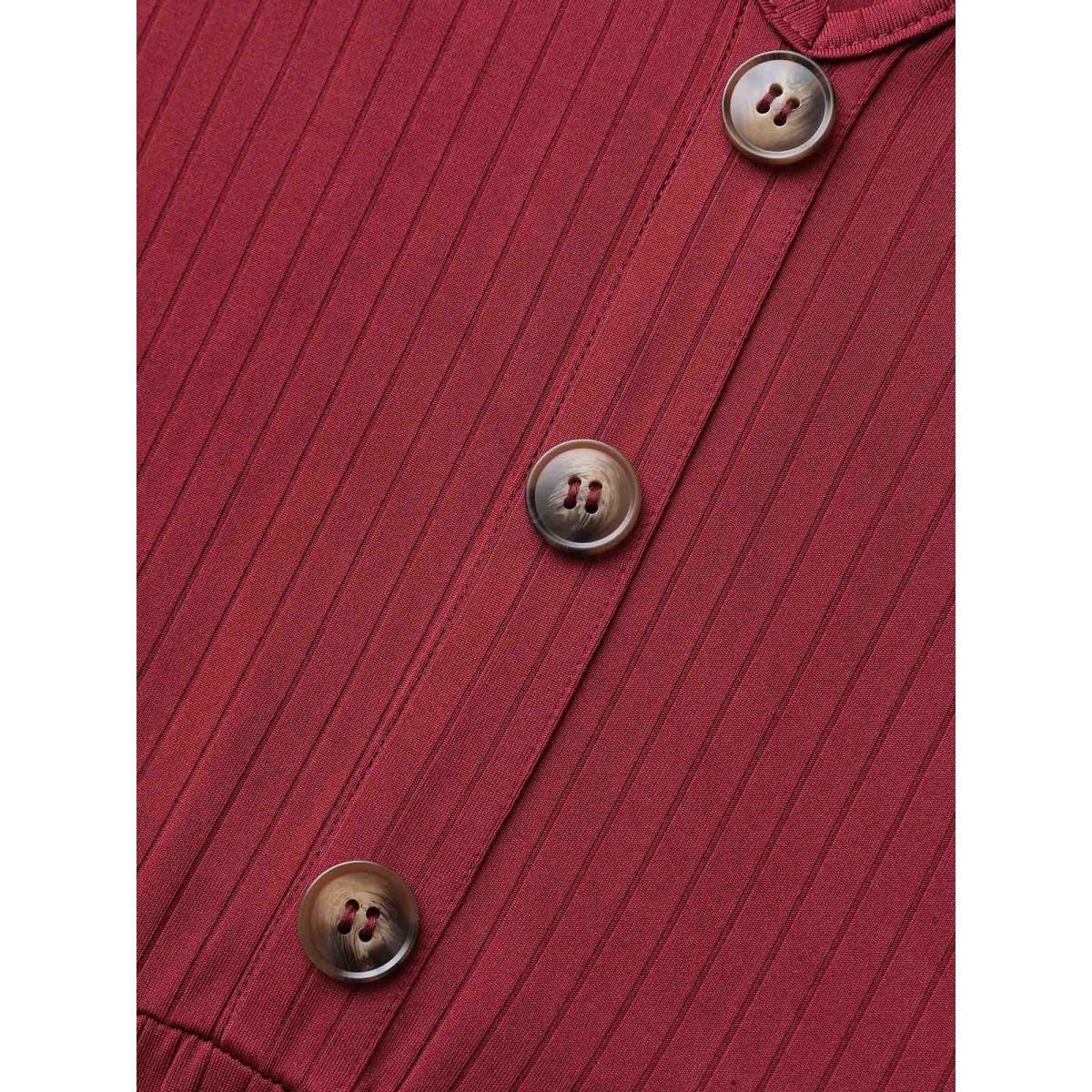 Plus Size V Neck Button Detail Rib Knit Dress Burgundy Women Casual Texture V-neck Long Sleeve Curvy BloomChic 22-24/3X Product Image