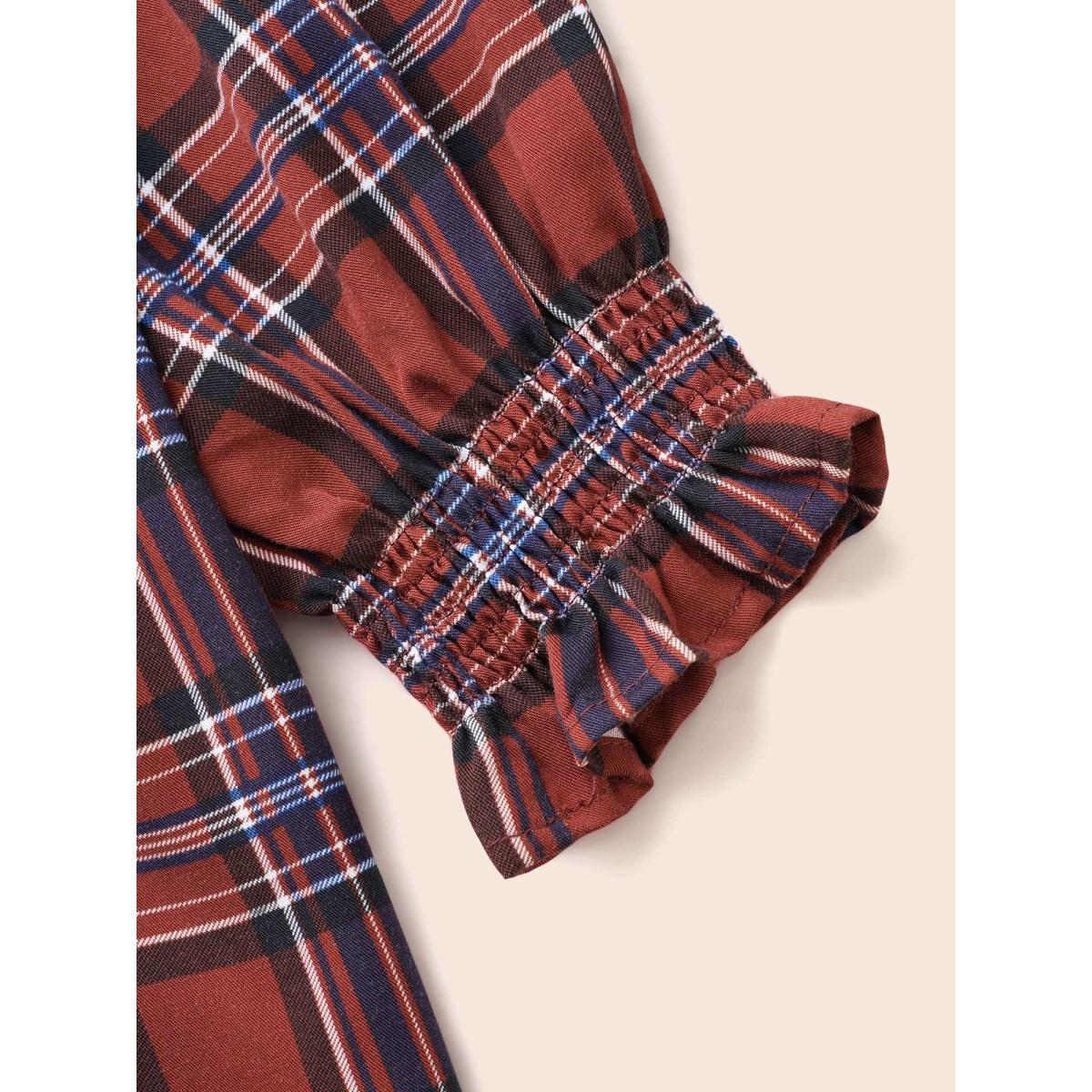 Plus Size Browncoffeecolor Plaid Contrast Webbing Ruffle Trim Blouse Women Elegant Long Sleeve Flat collar with V-notch Everyday Blouses BloomChic 12/L Product Image