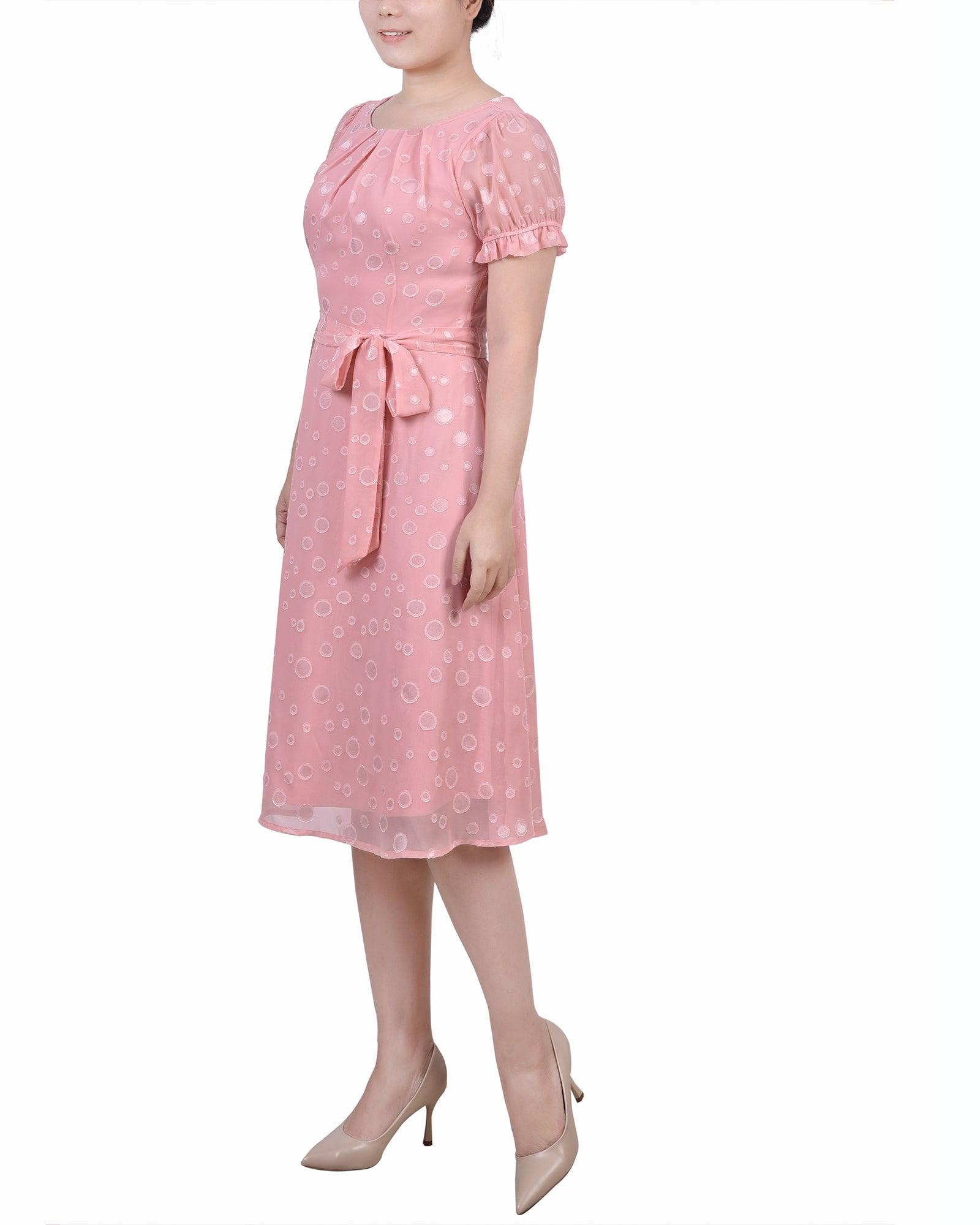 Mellow Rose Short Sleeve Belted Swiss Dot Dress - Petite Product Image