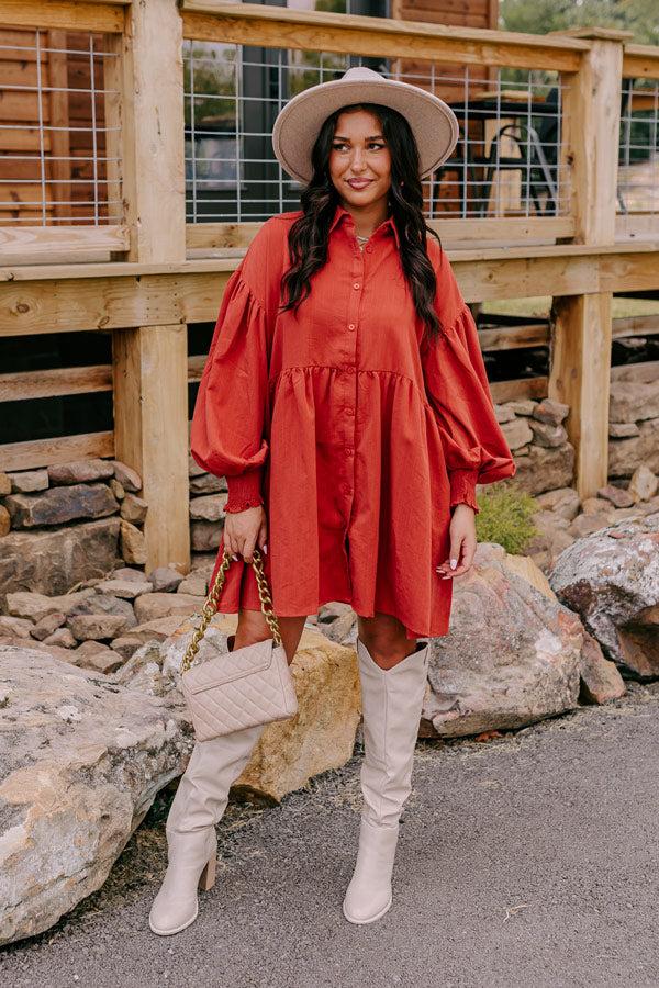 Cafe Patio Button Down Mini Dress in Dark Rust Product Image