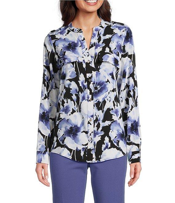 Calvin Klein Printed Crepe De Chine Split V-Neck Roll-Tab Sleeves Button Front Blouse Product Image