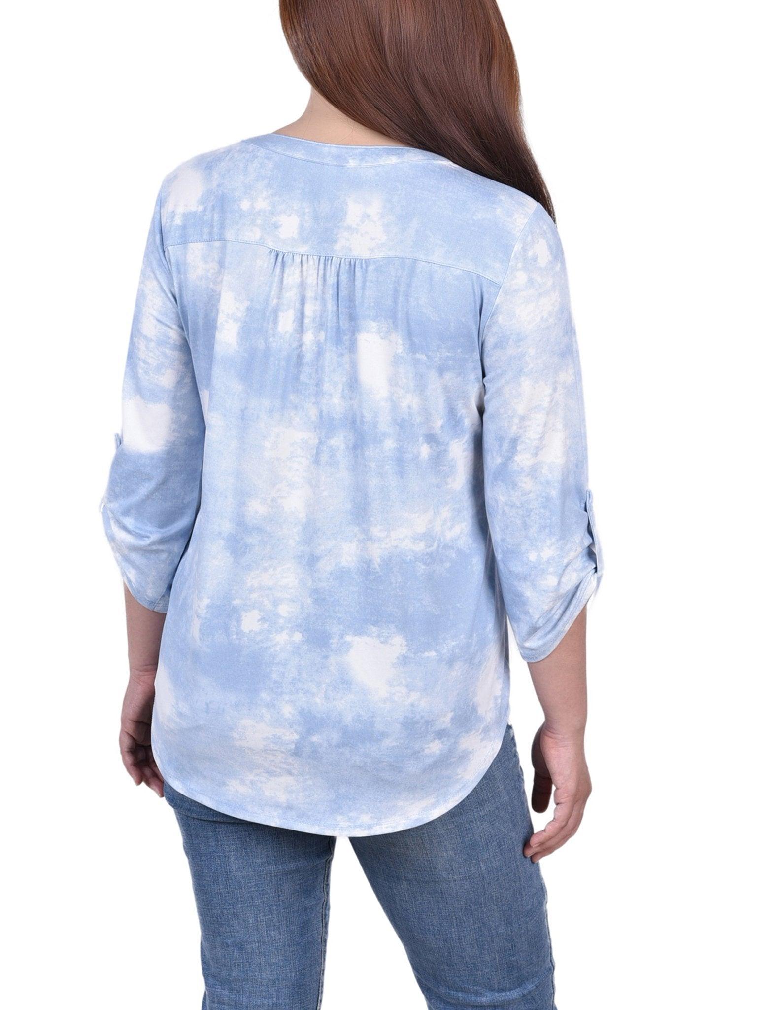 Blue Tie Dye 3/4 Bell Sleeve Pleat Front Y Neck Top Product Image