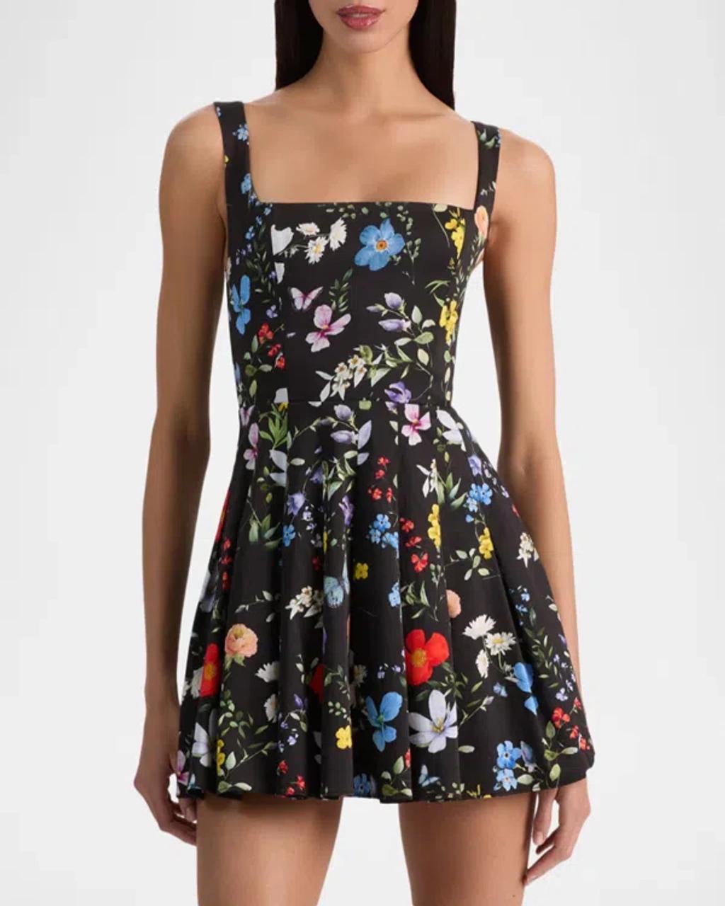 ALICE AND OLIVIA Alica And Olivia Veda Square Neck Pleated Dress In Black Product Image