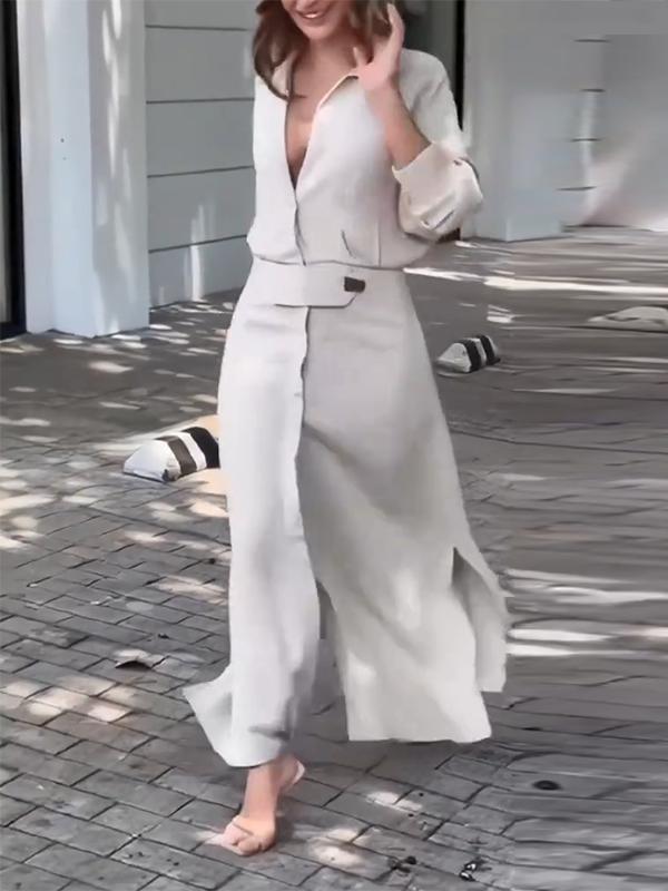 Long Sleeves Loose Split-Joint Split-Side V-Neck Maxi Dresses Shirt Dress Product Image