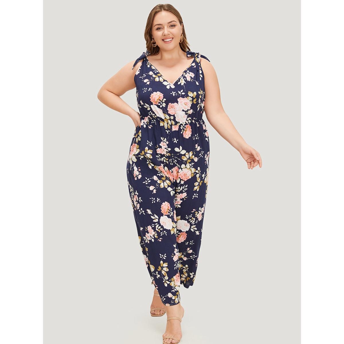 Plus Size DarkBlue Floral Belt Pocket Knot Shoulder Jumpsuit Women Elegant Sleeveless Spaghetti Strap Dailywear Loose Jumpsuits BloomChic 14-16/1X Product Image