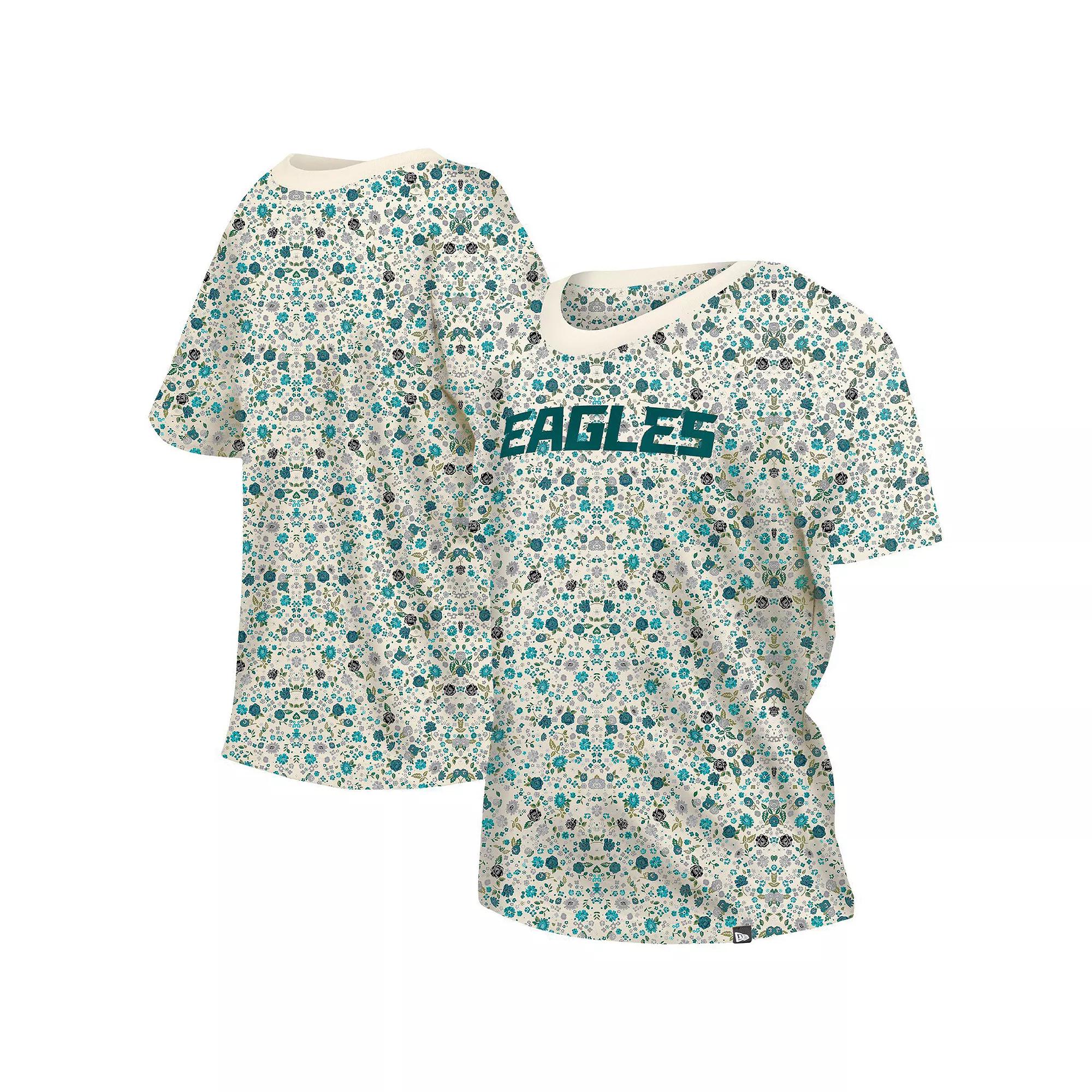 Women's New Era Cream Philadelphia Eagles Glam Game Floral T-Shirt, Size: Large, Beige Product Image