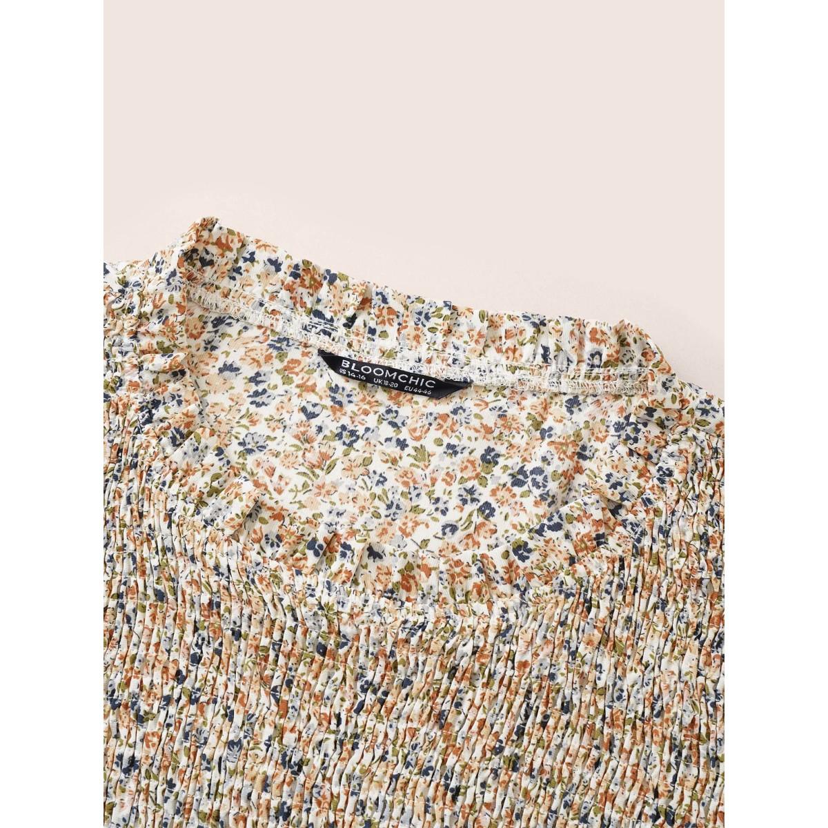 Plus Size Multicolor Ditsy Floral Shirred Elastic Waist Puff Sleeve Blouse Women Elegant Long Sleeve Round Neck Dailywear Blouses BloomChic 30/6X Product Image