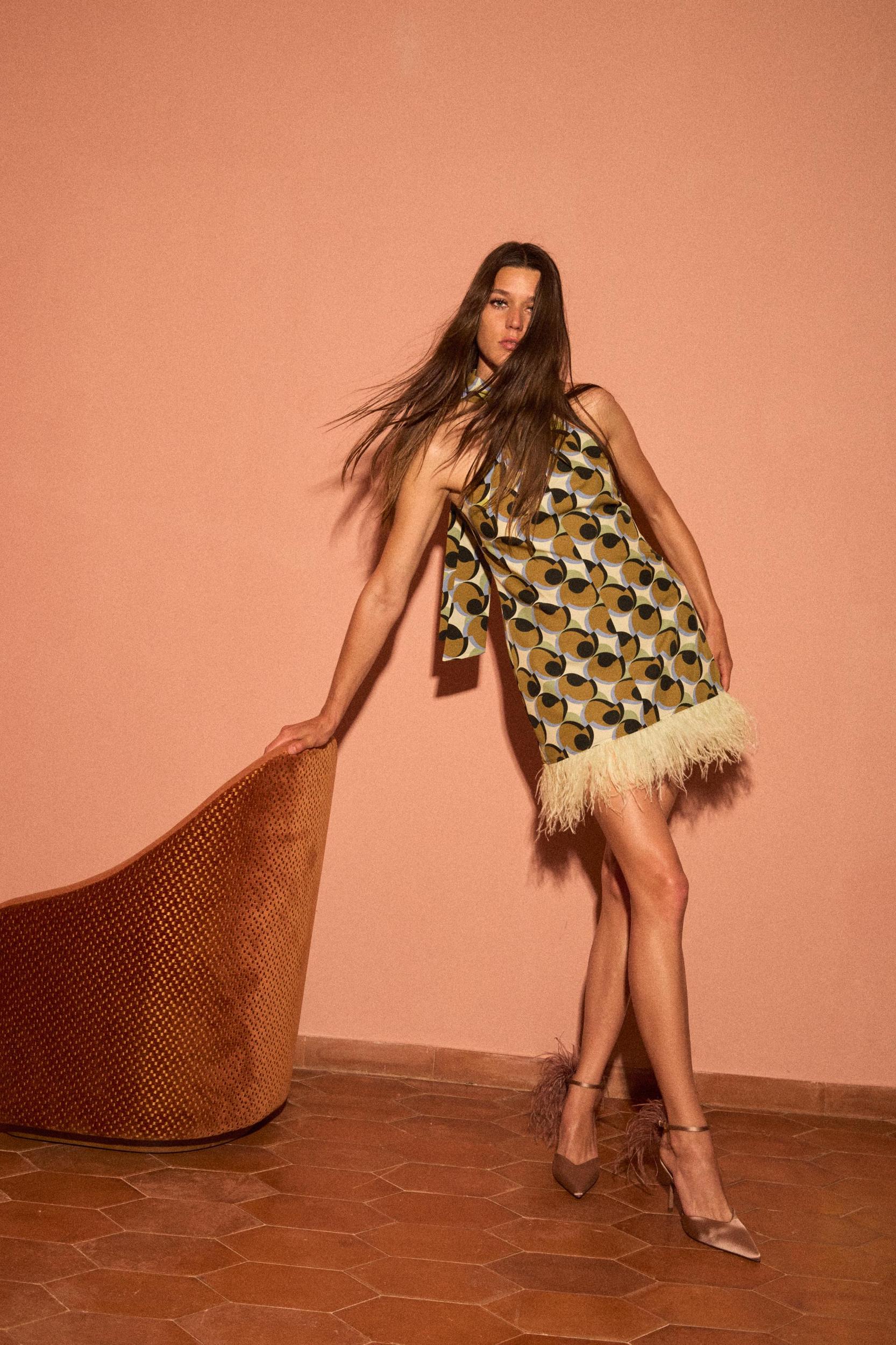 GEOMETRIC PRINT FEATHER MINI DRESS Product Image