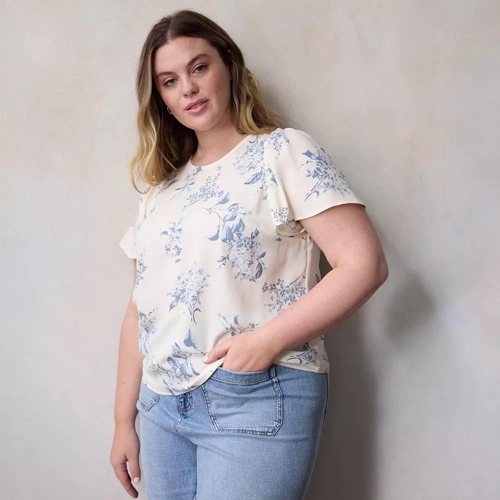 Women's Plus LC Lauren Conrad Tie Front Flutter Sleeve Top, Size: 0X, Ivory Belle Toile Product Image