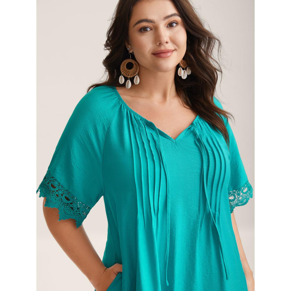 Plus Size Pleated Lace Trim Relaxed Midi Dress Arctic Women Notched collar Short sleeve Curvy BloomChic 14-16/1X Product Image