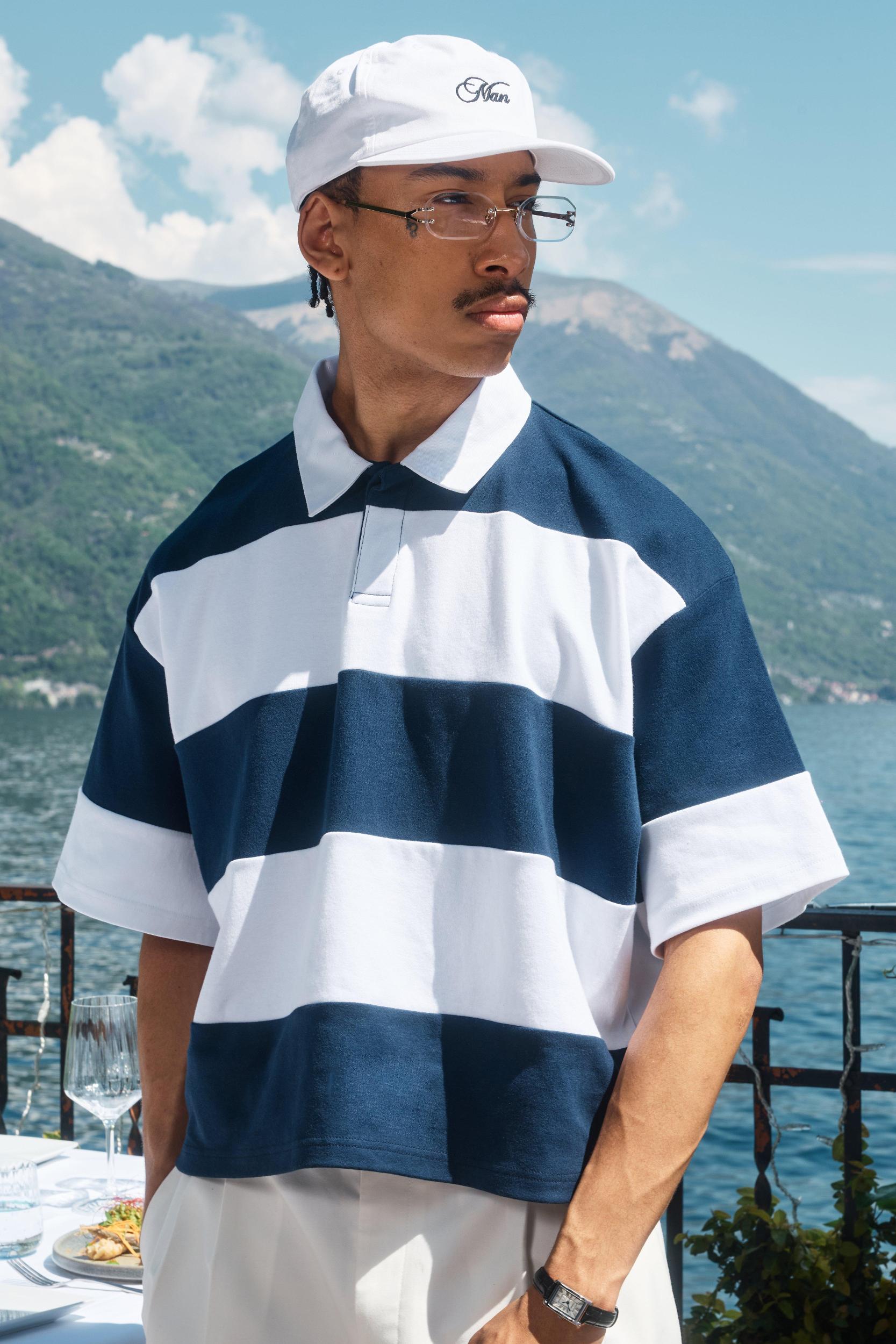 Oversized Boxy Stripe Interlock Short Sleeve Rugby Polo | boohooMAN USA Product Image