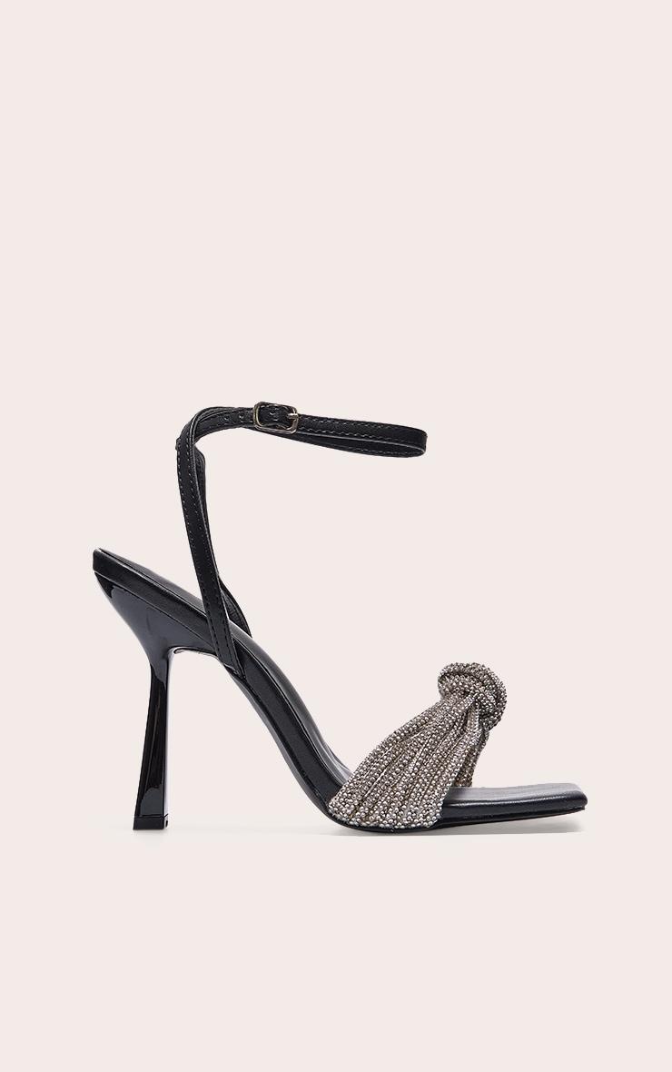 Black PU Wide Fit Square Toe Diamante Knot Barely There Heeled Sandals Product Image