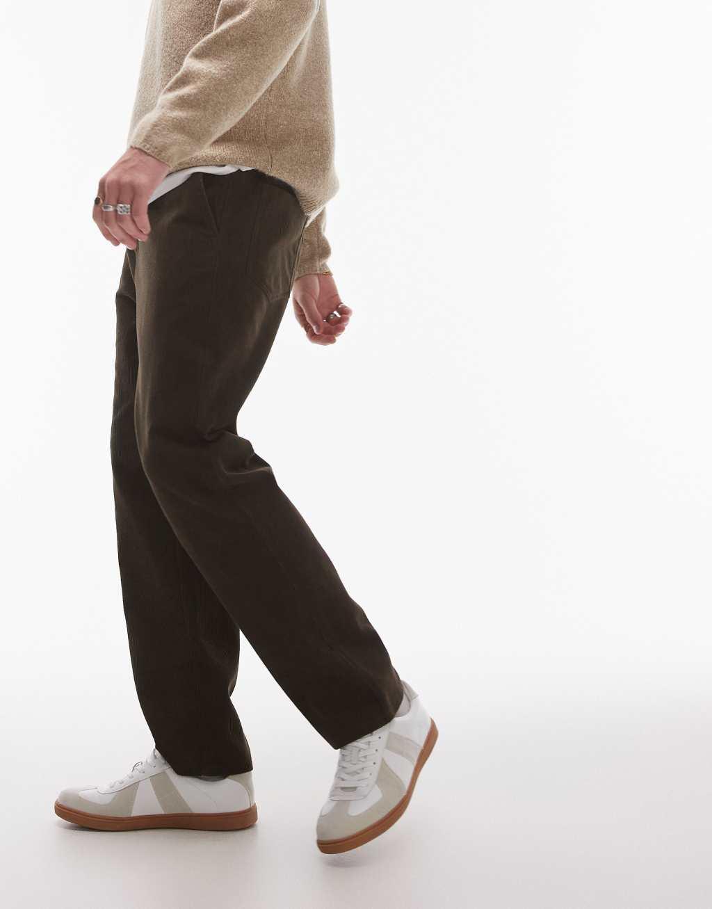 Topman tapered cord pants in brown Product Image