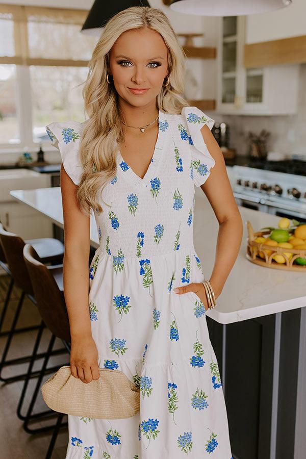 Gleaming Smile Floral Smocked Midi Dress in White Product Image